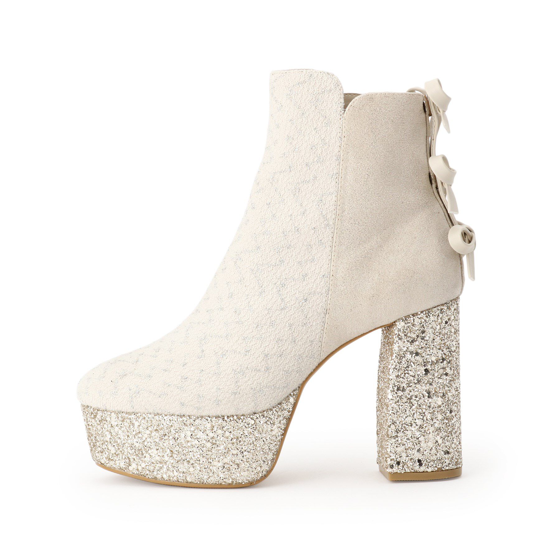 ESPERANZA「【ラク盛り/ショートブーツ】リピーター続出／脚長美脚 バックリボングリッターヒールショートブーツ」|ショートブーツ|