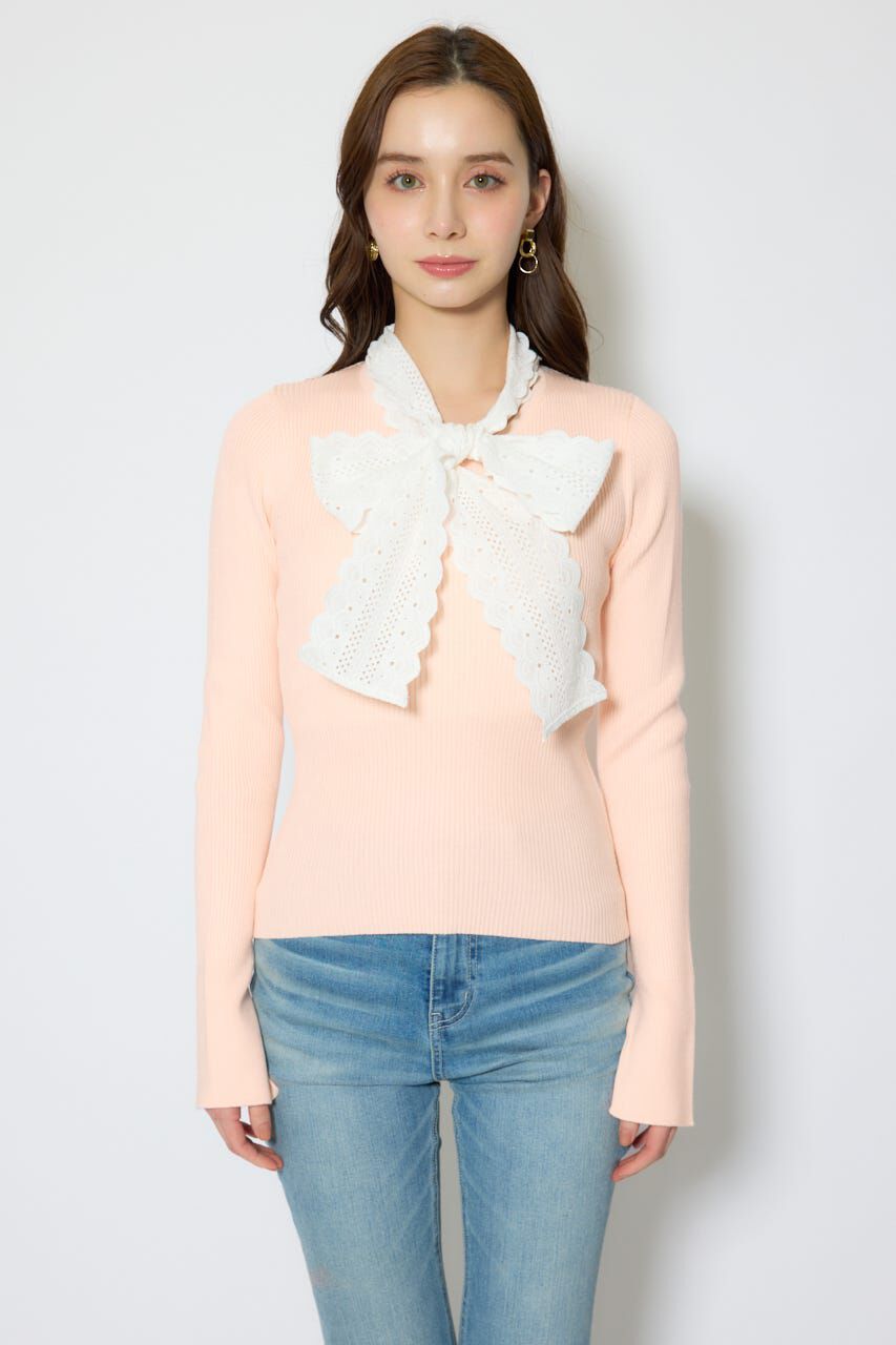 rienda「コットンレースリボンニットトップス」|ニット・セーター|