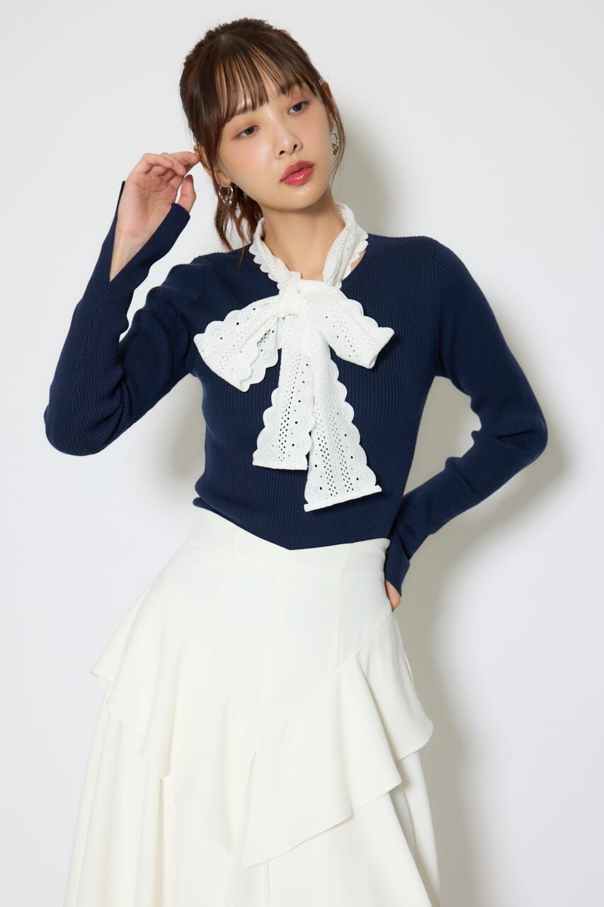 rienda「コットンレースリボンニットトップス」|ニット・セーター|