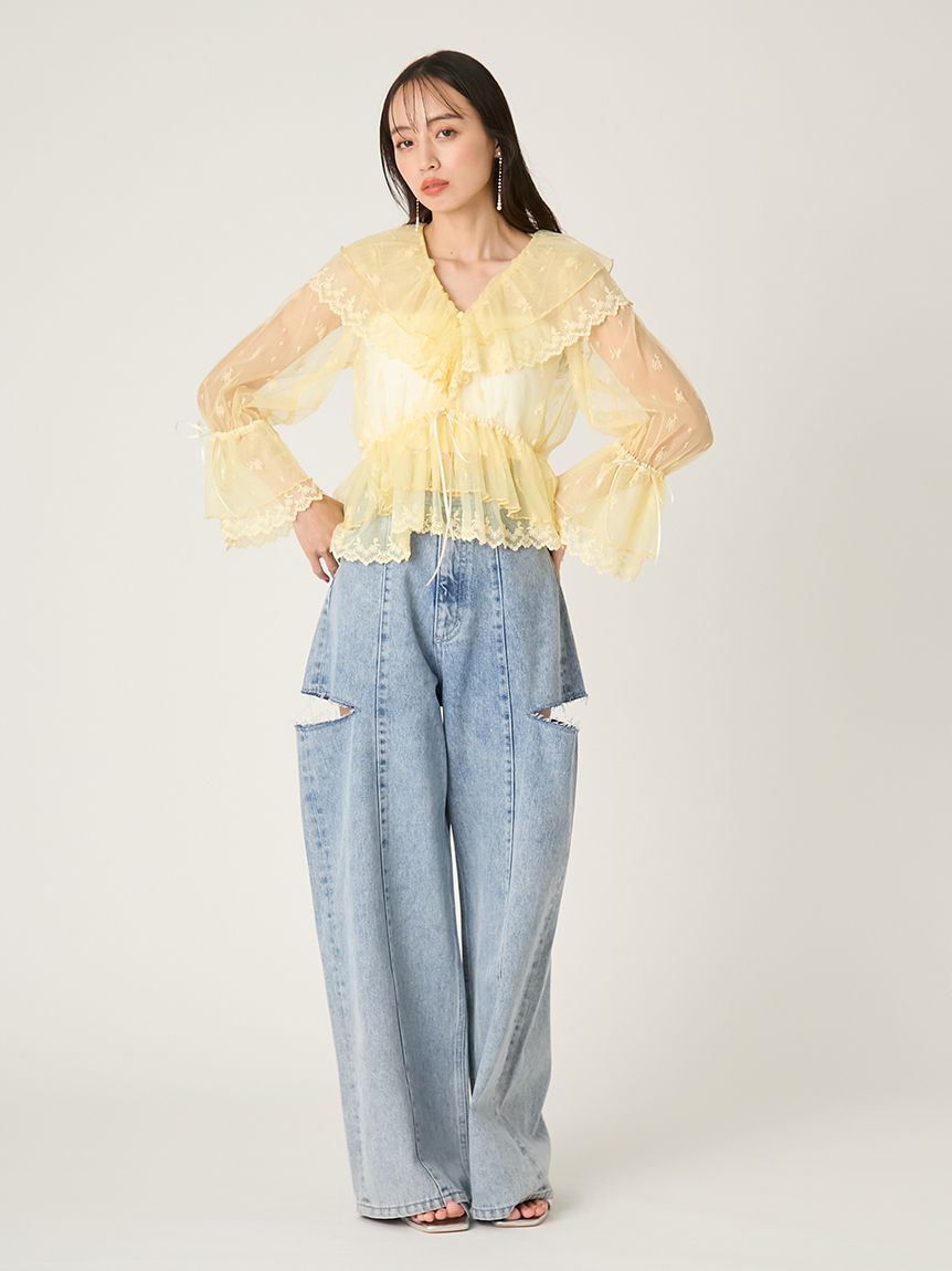 FRAY I.D「【00サイズあり】カットアウトバレルデニムパンツ」|デニム|