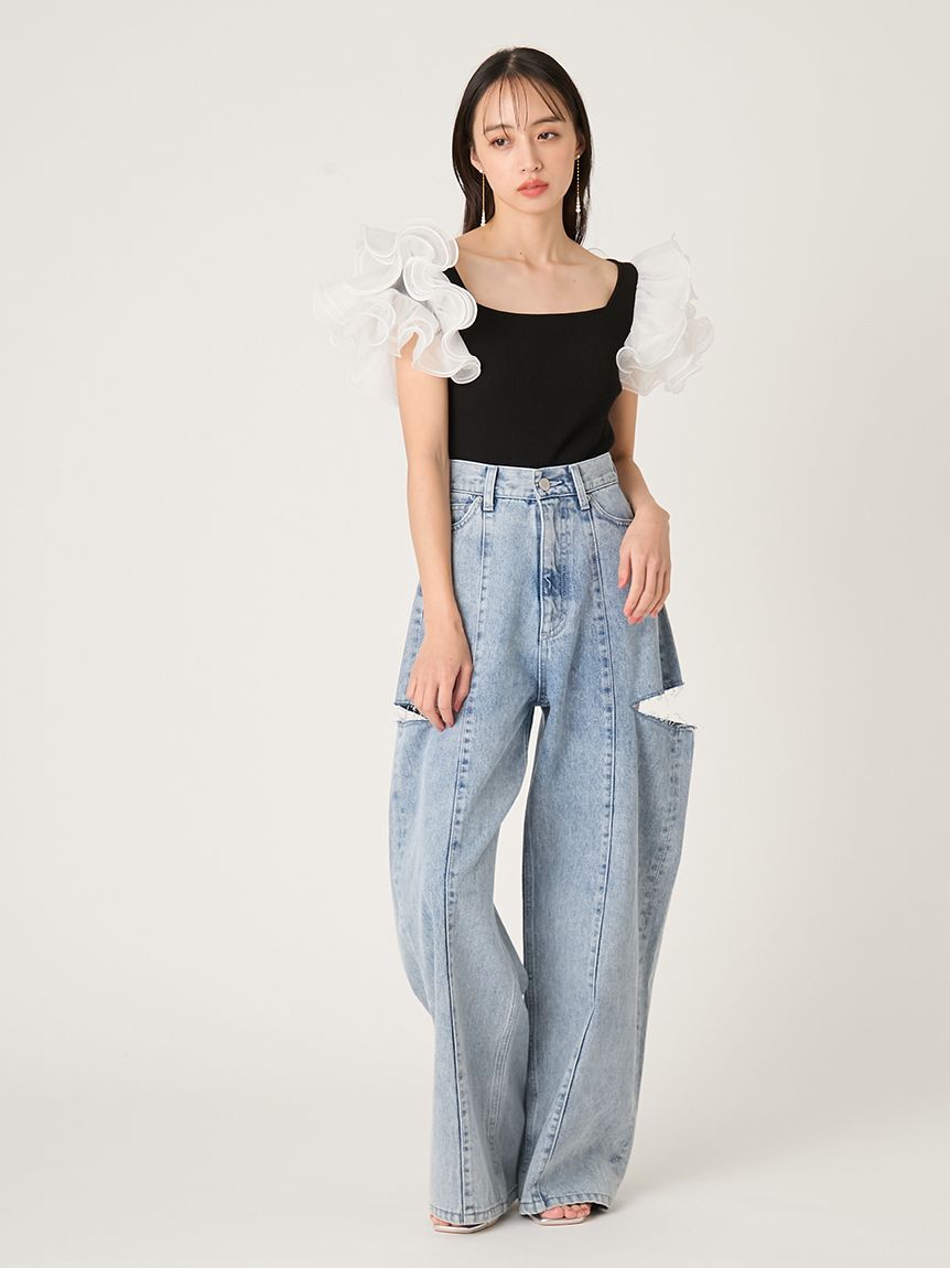 FRAY I.D「【00サイズあり】カットアウトバレルデニムパンツ」|デニム|