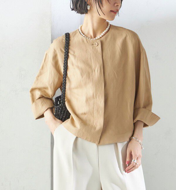 SHIPS for women「SHIPS Primary Navy Label:麻 レーヨン ノーカラー 羽織」|シャツ・ブラウス|ベージュ