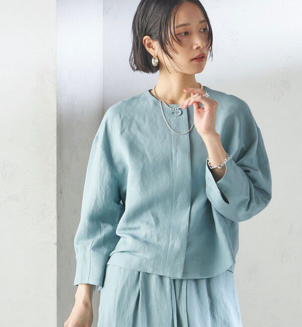SHIPS for women「SHIPS Primary Navy Label:麻 レーヨン ノーカラー 羽織」|シャツ・ブラウス|ライトブルー