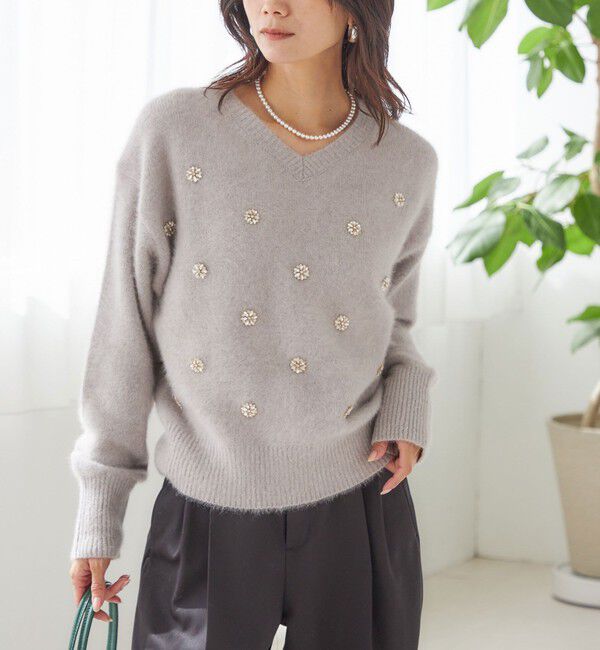 SHIPS for women「〈手洗い可能〉フォックス ビジュー Vネック ニット」|ニット・セーター|ライトグレー