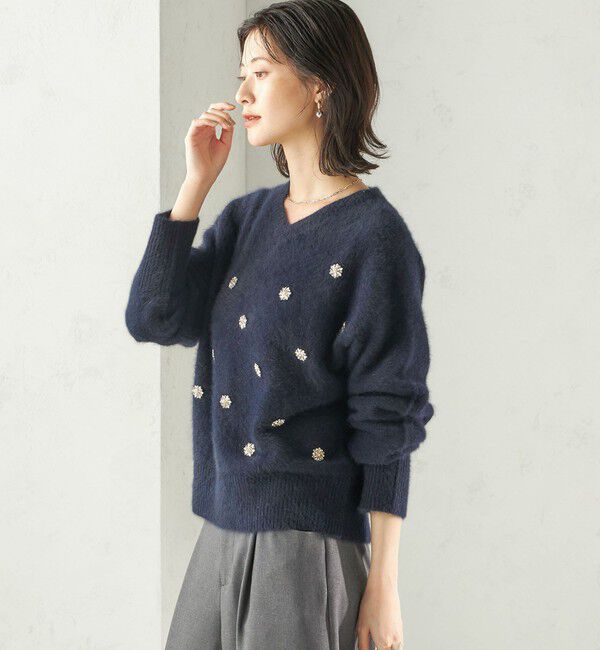 SHIPS for women「〈手洗い可能〉フォックス ビジュー Vネック ニット」|ニット・セーター|