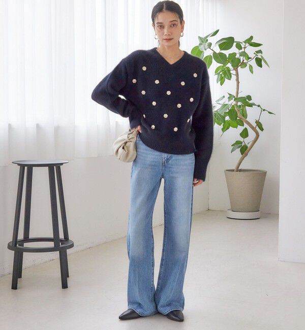 SHIPS for women「〈手洗い可能〉フォックス ビジュー Vネック ニット」|ニット・セーター|