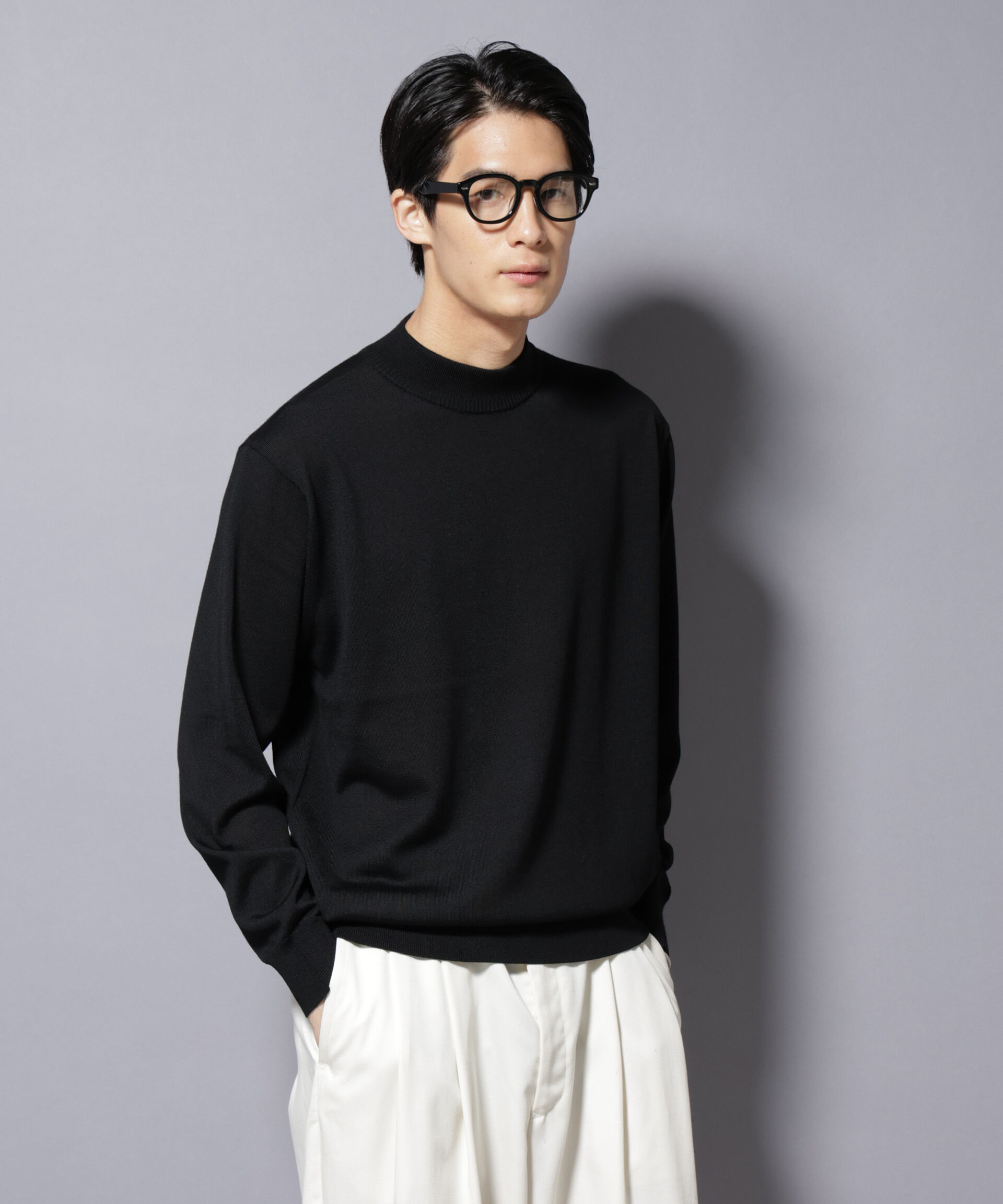 nano･universe「「毛玉レスニット」ファインゲージモックネック」|ニット・セーター|ブラック