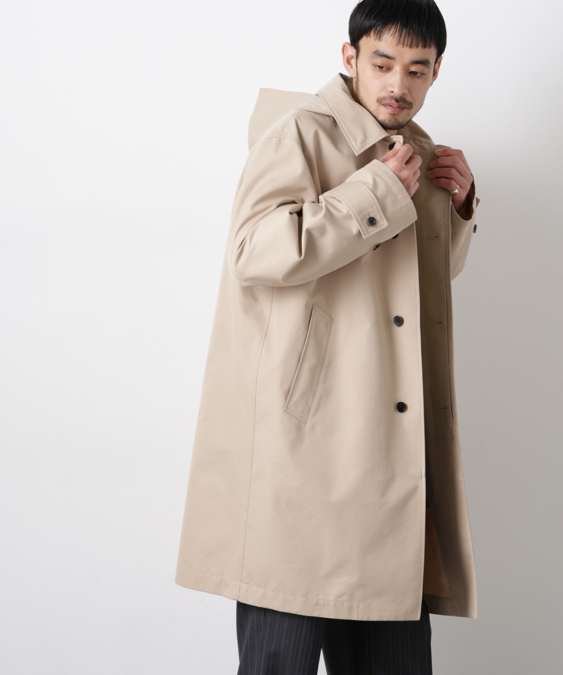 nano･universe「フーデッドステンカラーコート｢WARP PRINT｣ライニング」|その他|ベージュ