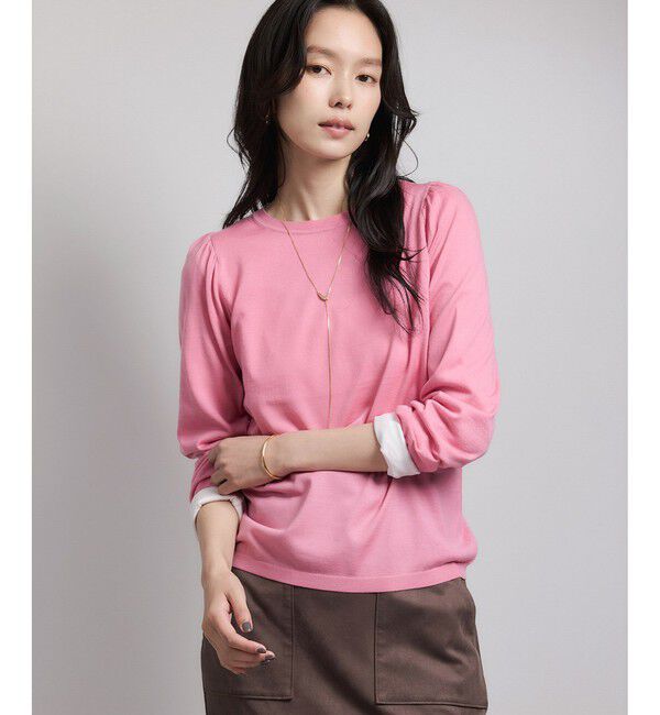 ROPE「袖ギャザークルーネックニットプルオーバー/イージーケア」|ニット・セーター|ローズピンク(64)