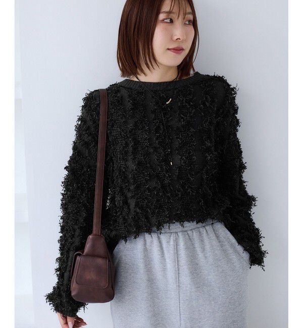 VIS「リボンヤーンフリンジニットプルオーバー」|ニット・セーター|チャコール(06)