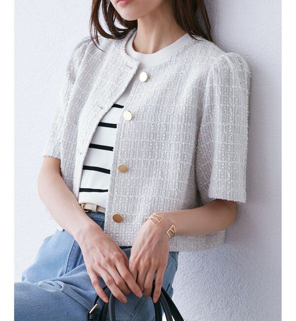 Rope&rsquo;Picnic「【サマー・ツイード】金ボタンカーディジャケット」|ノーカラージャケット|ライトグレー(08)