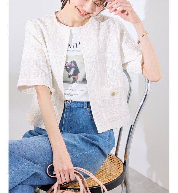 Rope&rsquo;Picnic「【サマー・ツイード】ハーフスリーブジャケット」|カーディガン|ホワイト(10)