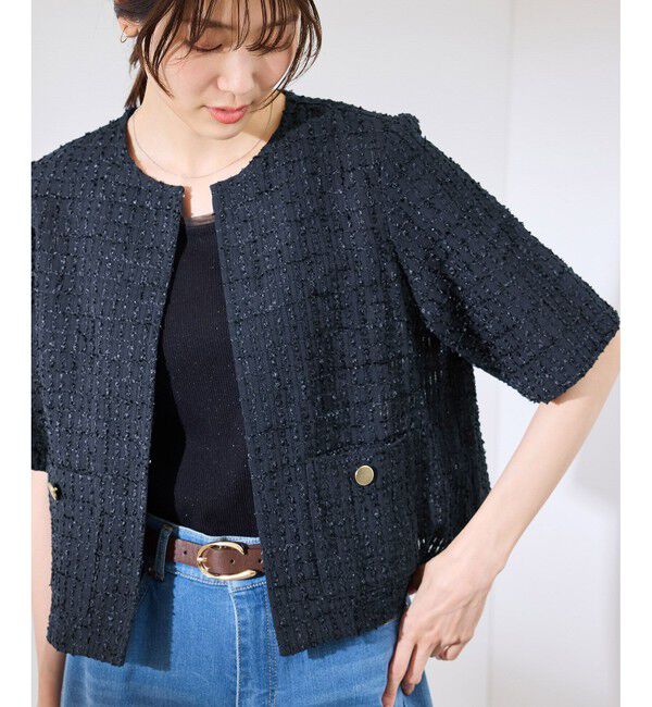 Rope&rsquo;Picnic「【サマー・ツイード】ハーフスリーブジャケット」|カーディガン|ネイビー(40)