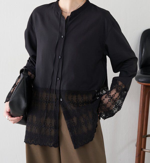  「ボウタイ裾レース切替シャツ」|シャツ・ブラウス|