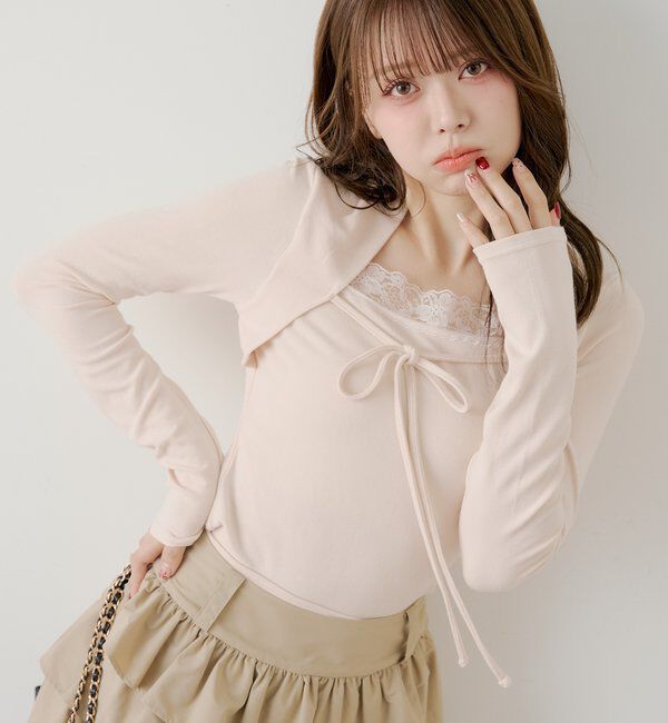  「ボレロ風レースレイヤードトップス」|Tシャツ・カットソー|