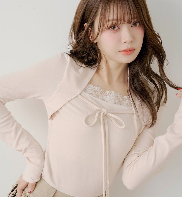  「ボレロ風レースレイヤードトップス」|Tシャツ・カットソー|ピンク