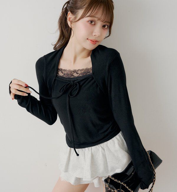  「ボレロ風レースレイヤードトップス」|Tシャツ・カットソー|ブラック