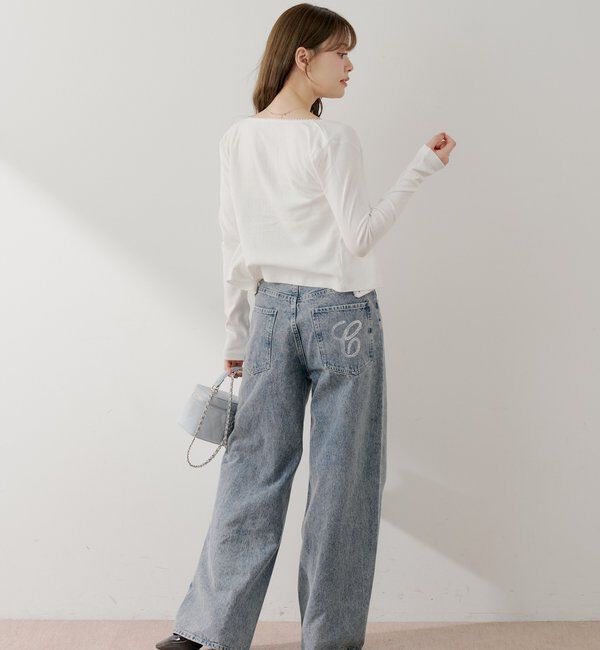  「ラインストーンロゴワイドデニムパンツ」|デニム|