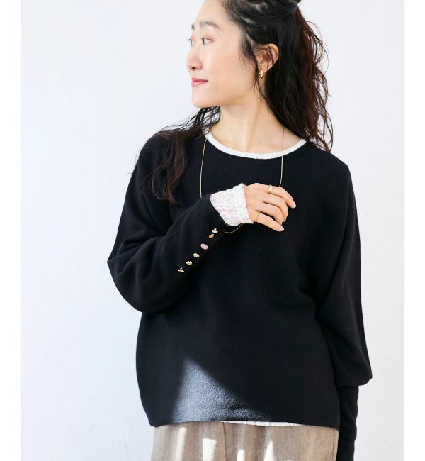  「《手洗い可能》ジュエリーボタンスリーブニット」|ニット・セーター|
