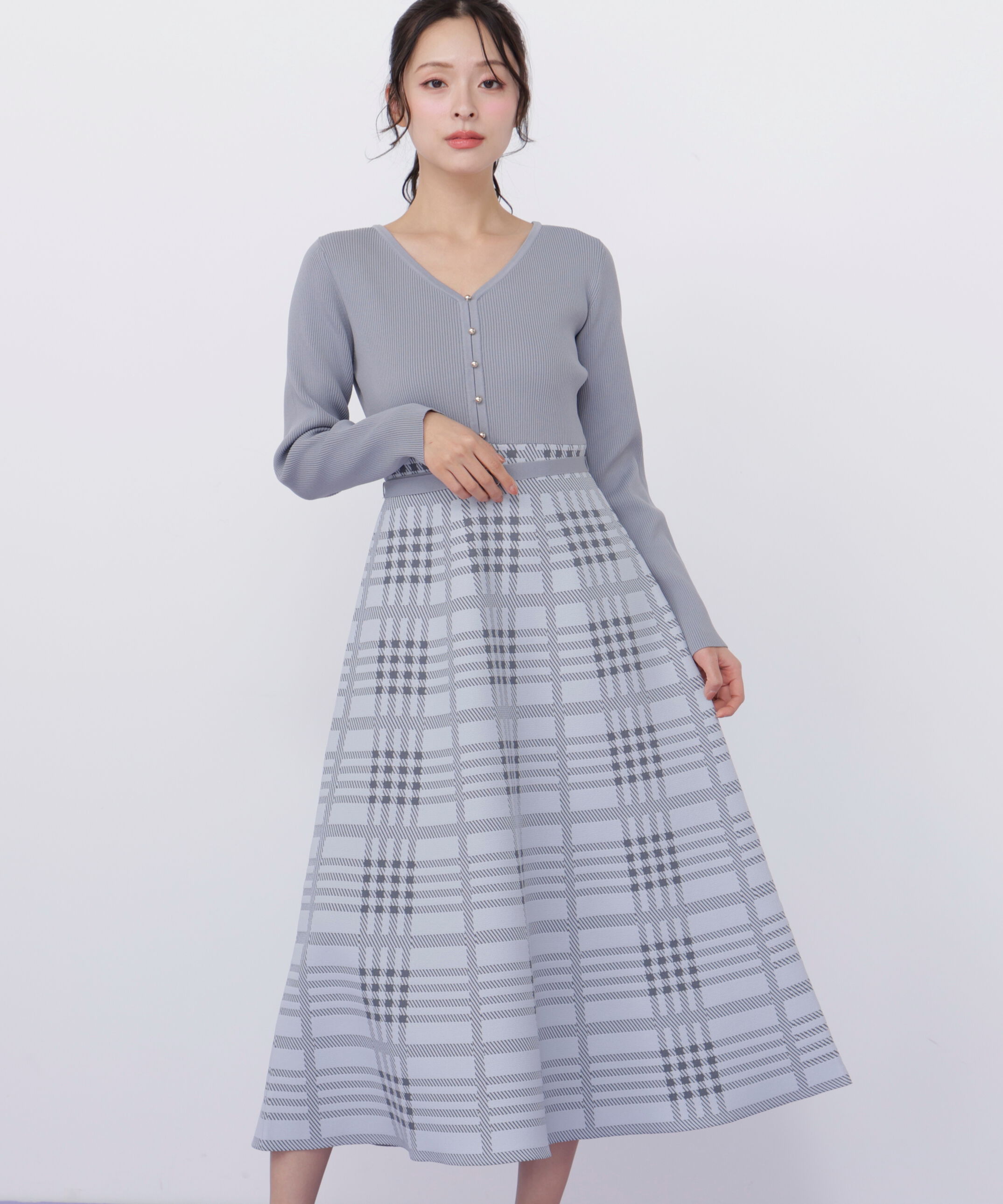  「チェックニットワンピース」|ワンピース|ブルー