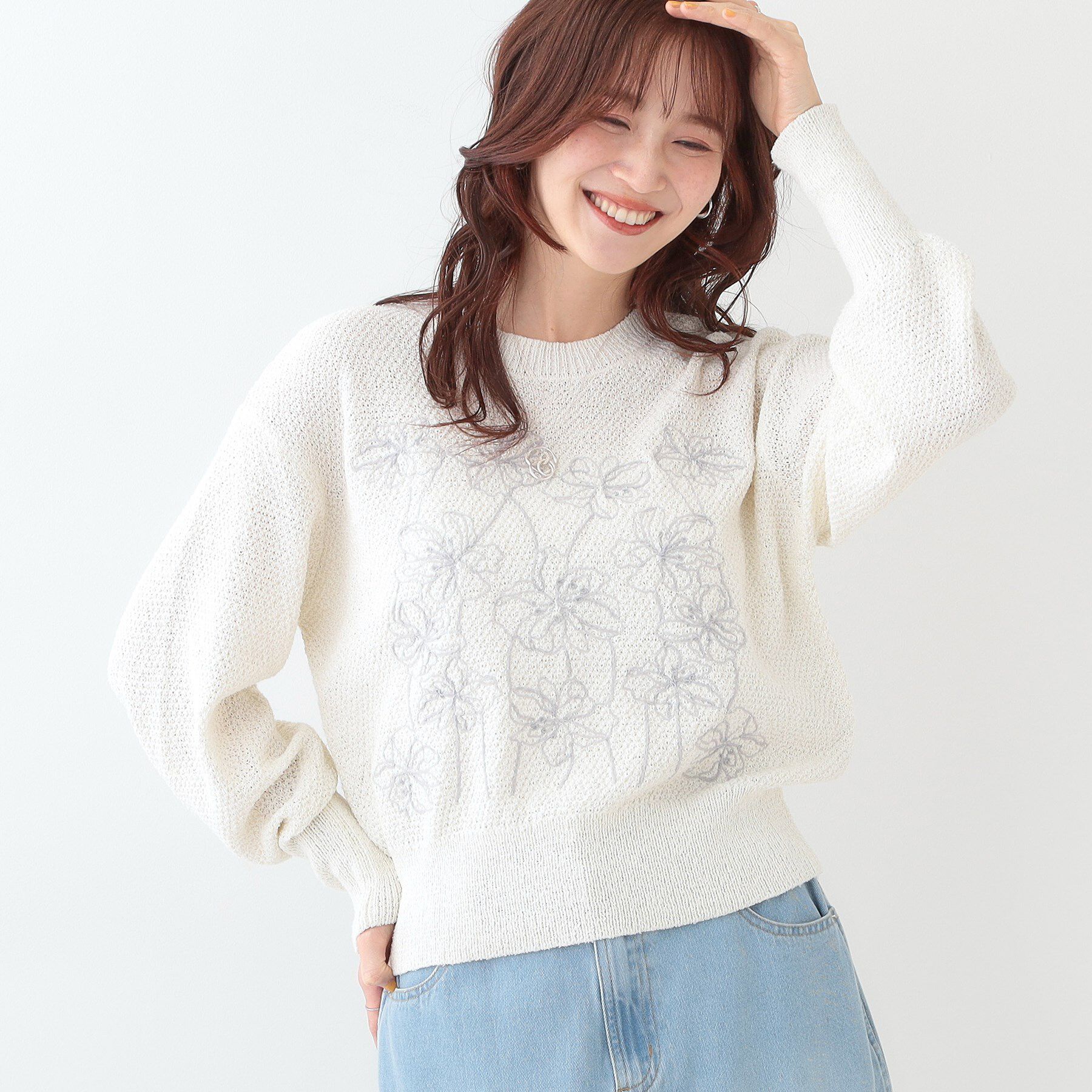 SHOO･LA･RUE「【S-LL】花柄刺繍ブークレニット」|ニット・セーター|オフホワイト(003
