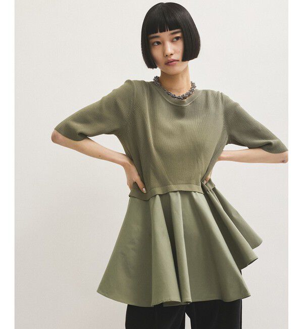 ADAM ET ROPE'「ペプラムコンビハーフスリーブニット」|ニット・セーター|カーキー(36)