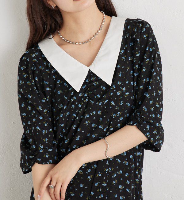  「襟付きフラワーワンピース」|ワンピース|ブラック