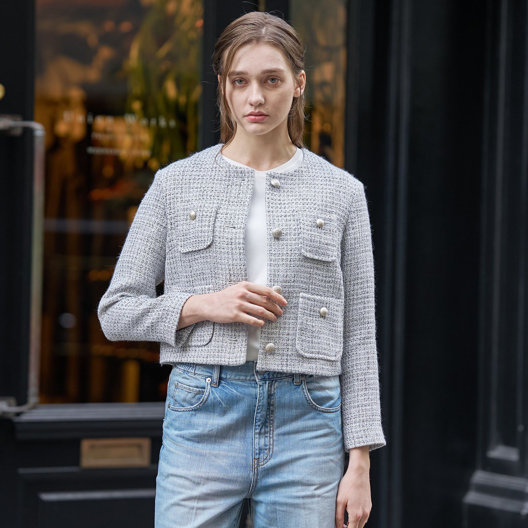 DRESSTERIOR「ラメミックスツイードジャケット」|ノーカラージャケット|