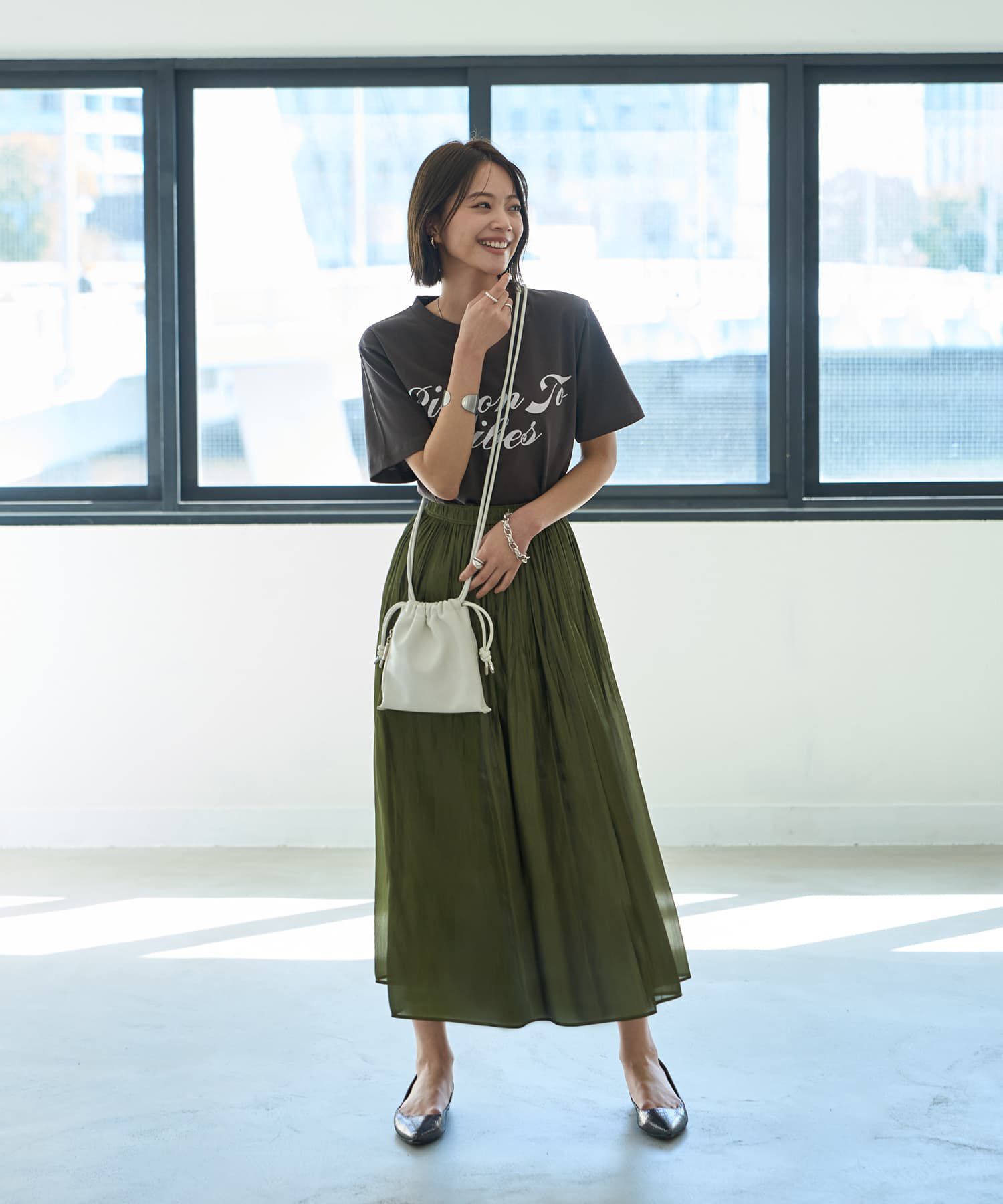 STYLE DELI「【LUXE】メタリックサテンギャザースカート」|フレア|