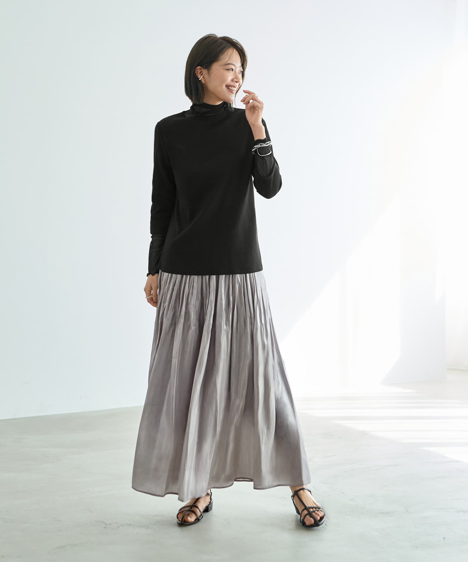 STYLE DELI「【LUXE】メタリックサテンギャザースカート」|フレア|