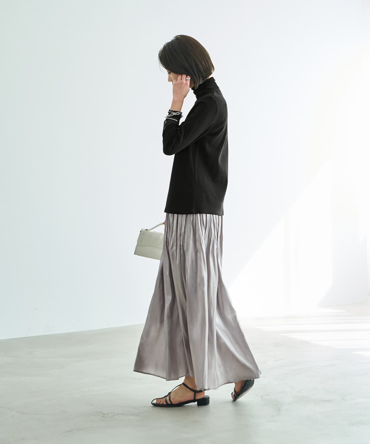 STYLE DELI「【LUXE】メタリックサテンギャザースカート」|フレア|