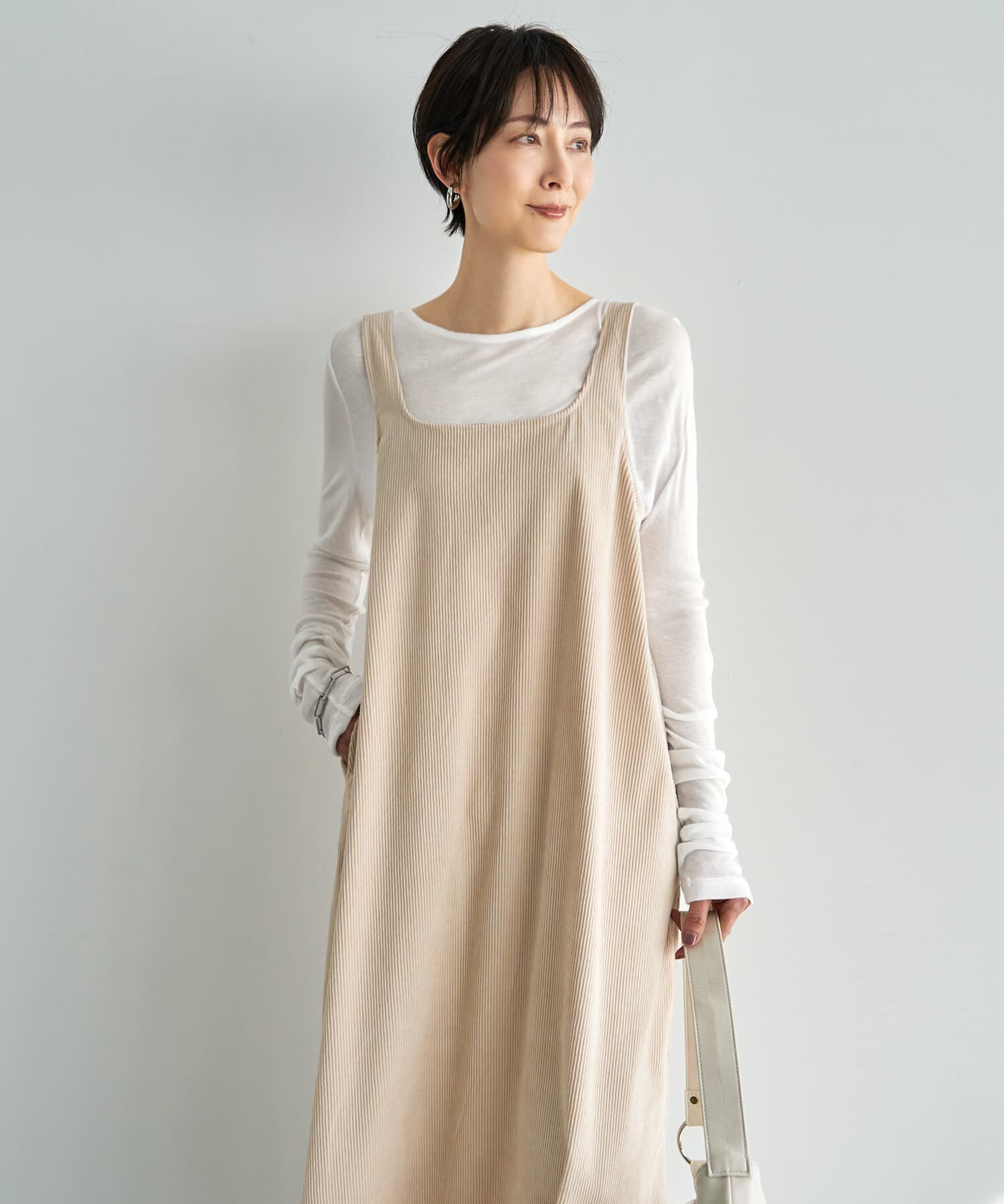 STYLE DELI「薄めコーデュロイスクエアオフジャンパースカート」|ワンピース|