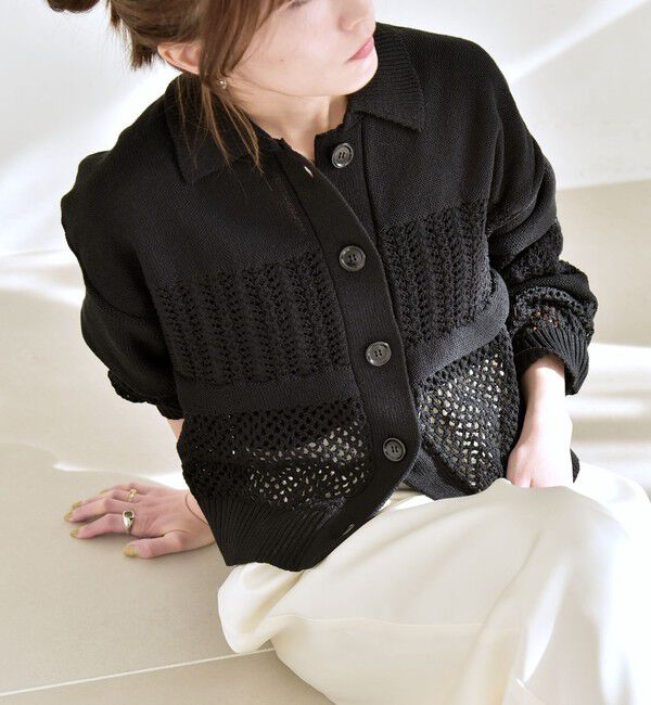 quaranciel「quaranciel:〈手洗い可能〉透かし編み 襟付き ニット カーディガン」|カーディガン|