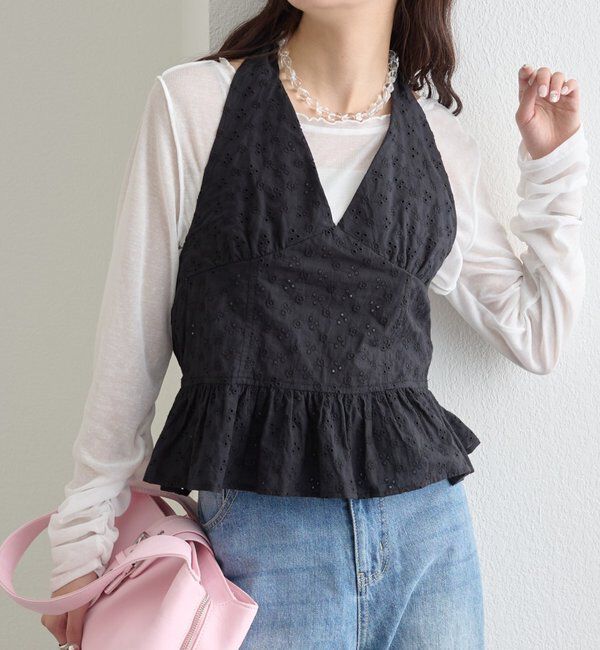  「コットン刺繍ホルターネック」|シャツ・ブラウス|ブラック