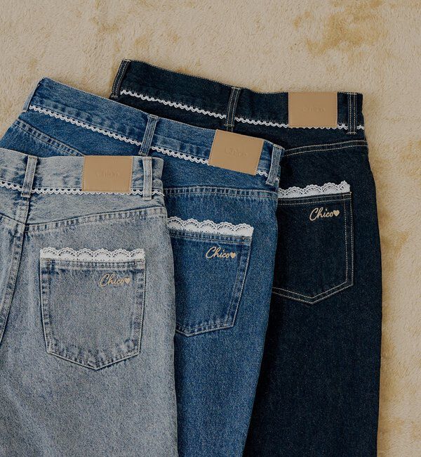  「【新色追加】レースデザインフレアデニム」|デニム|