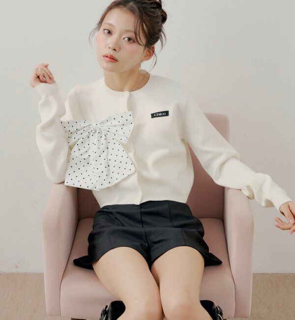  「【セットアップ対応】リボンコンパクトニットカーディガン」|カーディガン|アイボリー