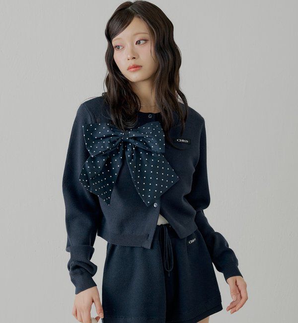  「【セットアップ対応】リボンコンパクトニットカーディガン」|カーディガン|