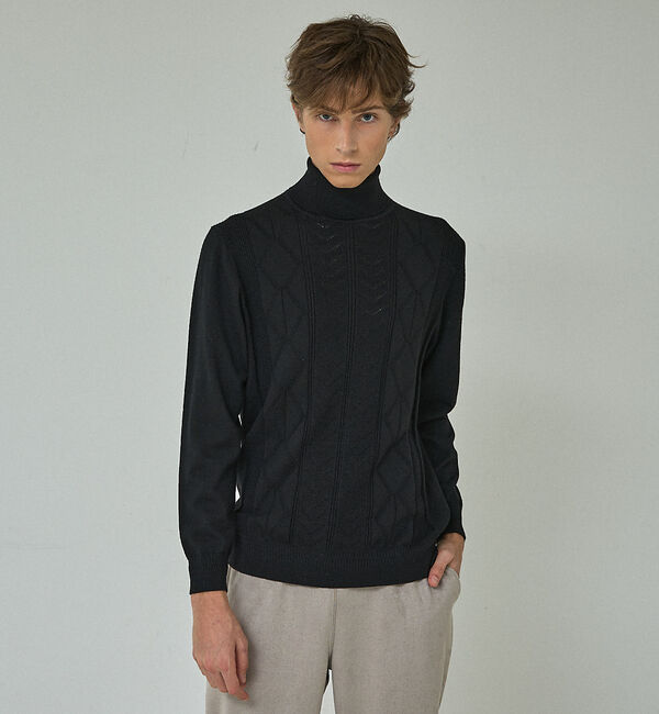 ABAHOUSE「Pure Merino ハイゲージ タートルネックニット / ケーブルニット」|ニット・セーター|