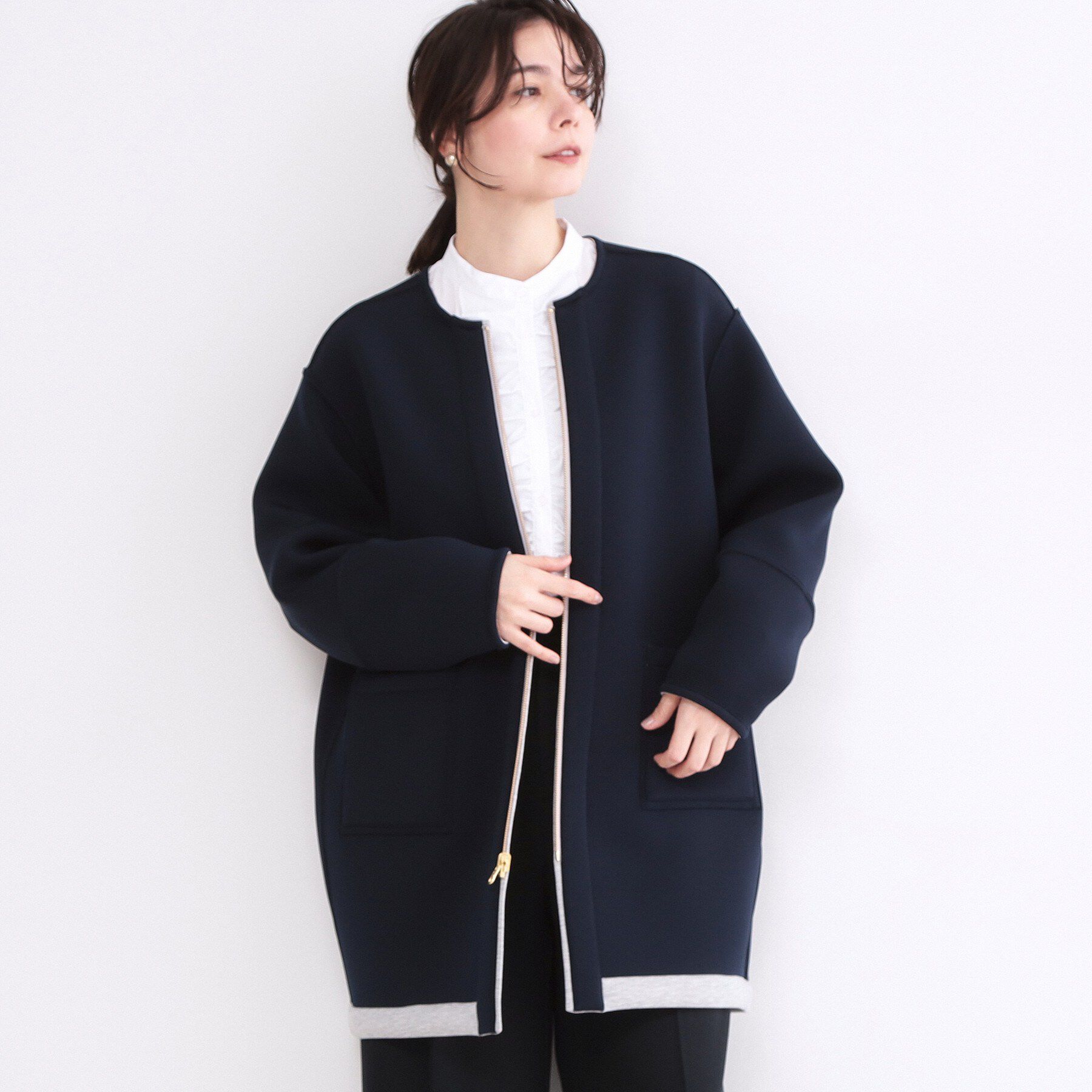 OPAQUE.CLIP「リバーシブル配色ノーカラーコート【洗濯機OK】」|ノーカラーコート|