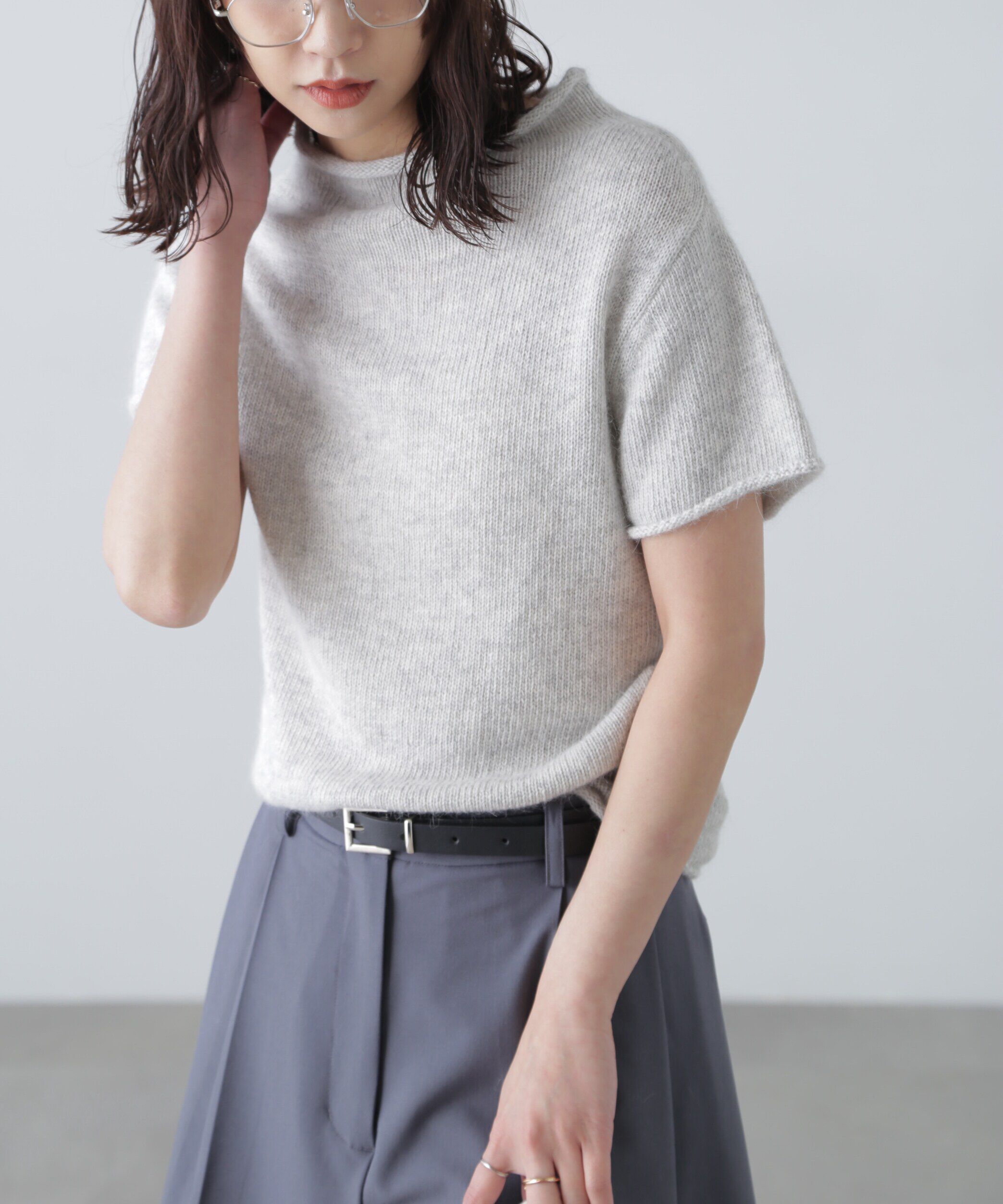  「アンゴラ混ハーフスリーブニット」|ニット・セーター|ライト杢グレ