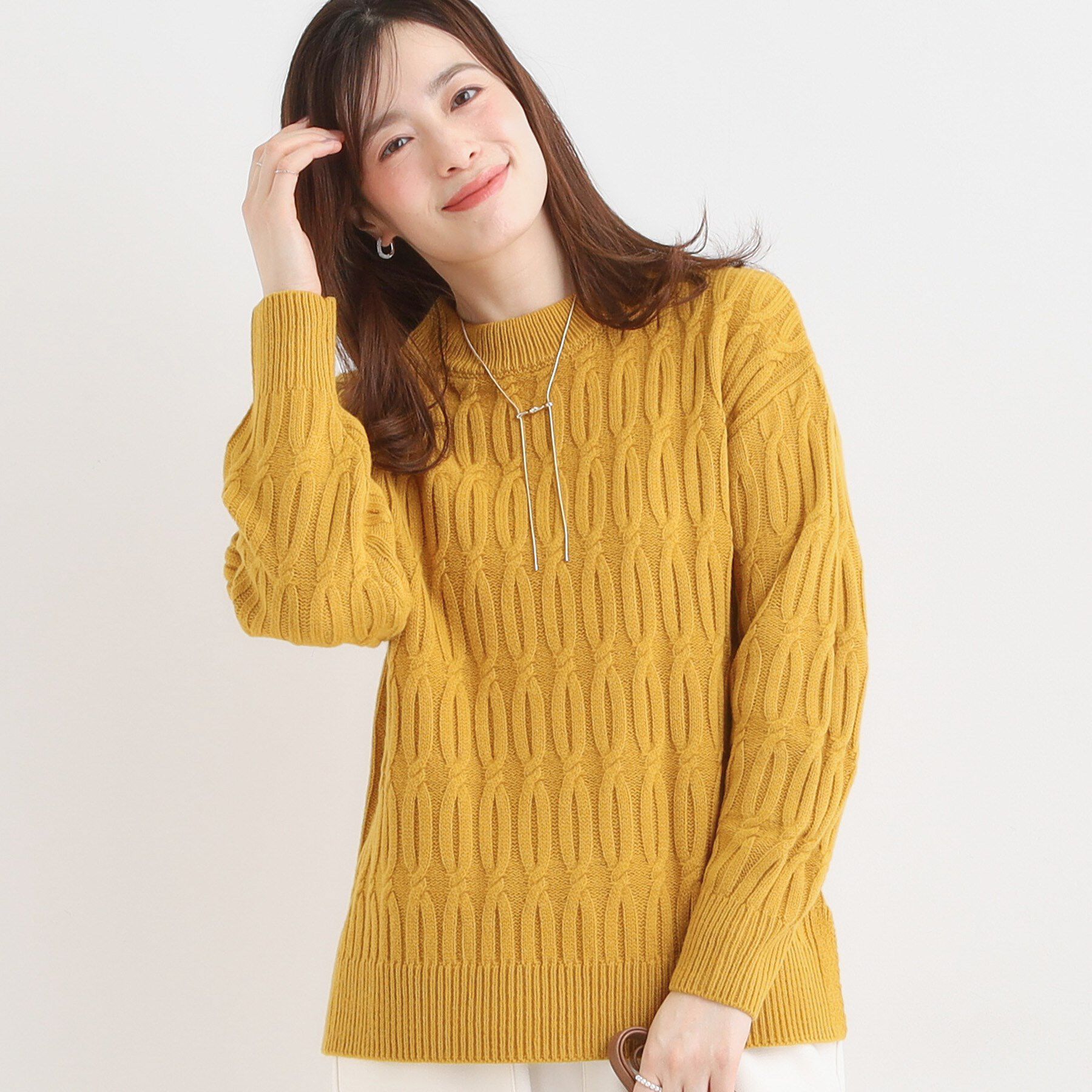 SHOO･LA･RUE「【洗濯機可／毛玉レス】シンプルケーブル柄ニット」|ニット・セーター|イエロー(032)