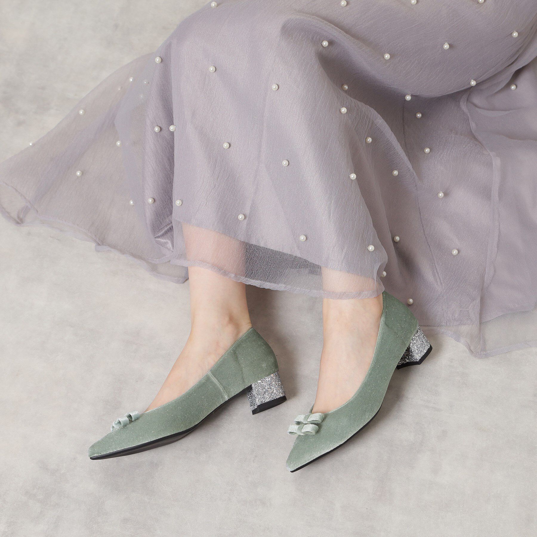 ESPERANZA「ラメベルベットダブルリボンパンプス」|パンプス|