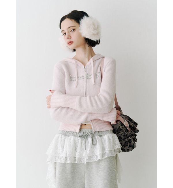 jouetie「ビジューロゴジップコンパクトフーディ」|ニット・セーター|ピンク
