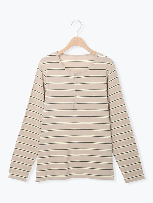 Samansa Mos2「マルチボーダーヘンリープルオーバー」|Tシャツ・カットソー|グレージュ