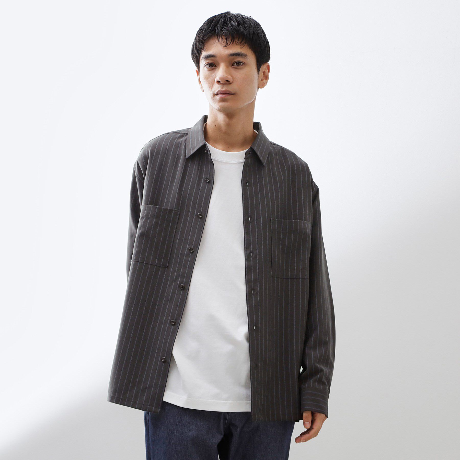 THE SHOP TK「ダブルポケットストライプ長袖シャツ 【洗濯機OK】」|シャツ・ブラウス|チャコールグレー(3