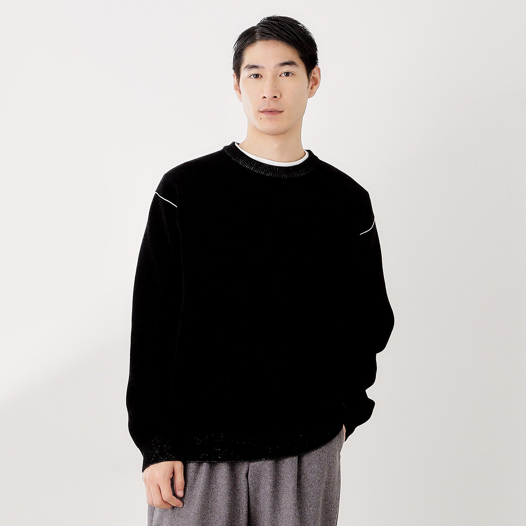 THE SHOP TK「【包み込まれるような柔らかさ】配色モールニット 洗濯機OK」|ニット・セーター|ブラック(019)