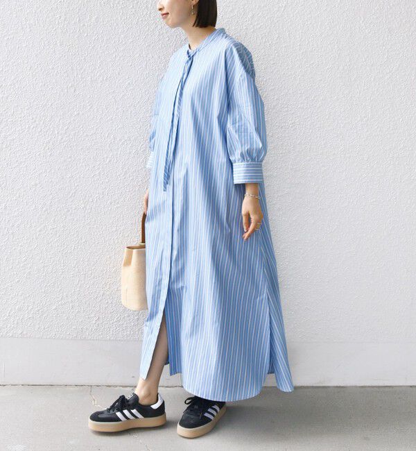 SHIPS for women「〈手洗い可能〉スタンドカラー リボン ストライプ シャツ ワンピース」|ワンピース|