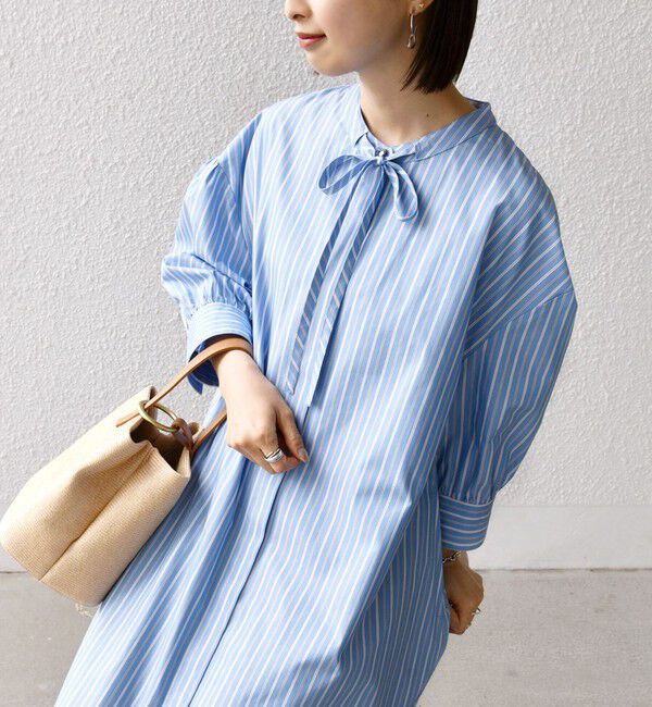 SHIPS for women「〈手洗い可能〉スタンドカラー リボン ストライプ シャツ ワンピース」|ワンピース|