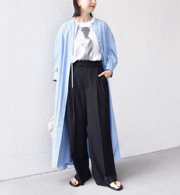 SHIPS for women「〈手洗い可能〉スタンドカラー リボン ストライプ シャツ ワンピース」|ワンピース|