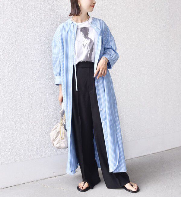 SHIPS for women「〈手洗い可能〉スタンドカラー リボン ストライプ シャツ ワンピース」|ワンピース|